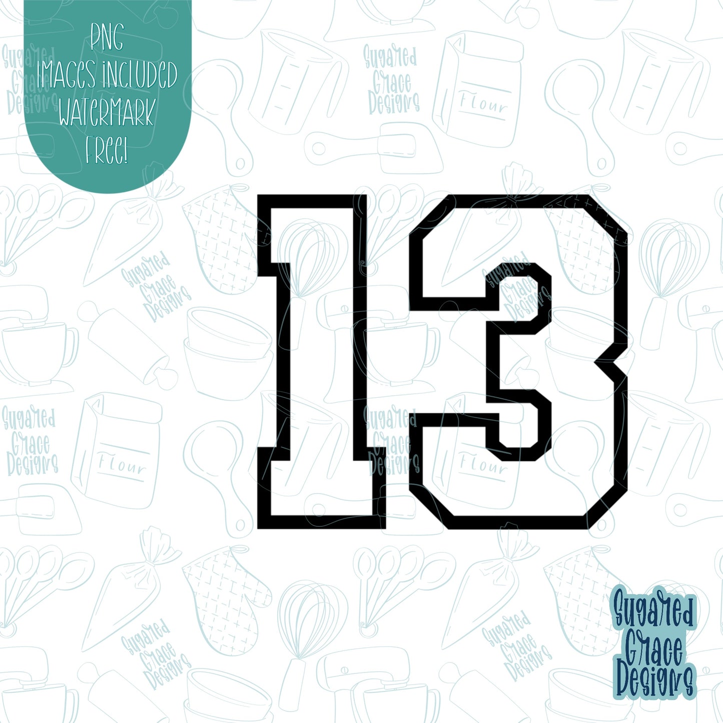 Block Number 13 thirteen cookie cutter with png images for edible printers including Eddie