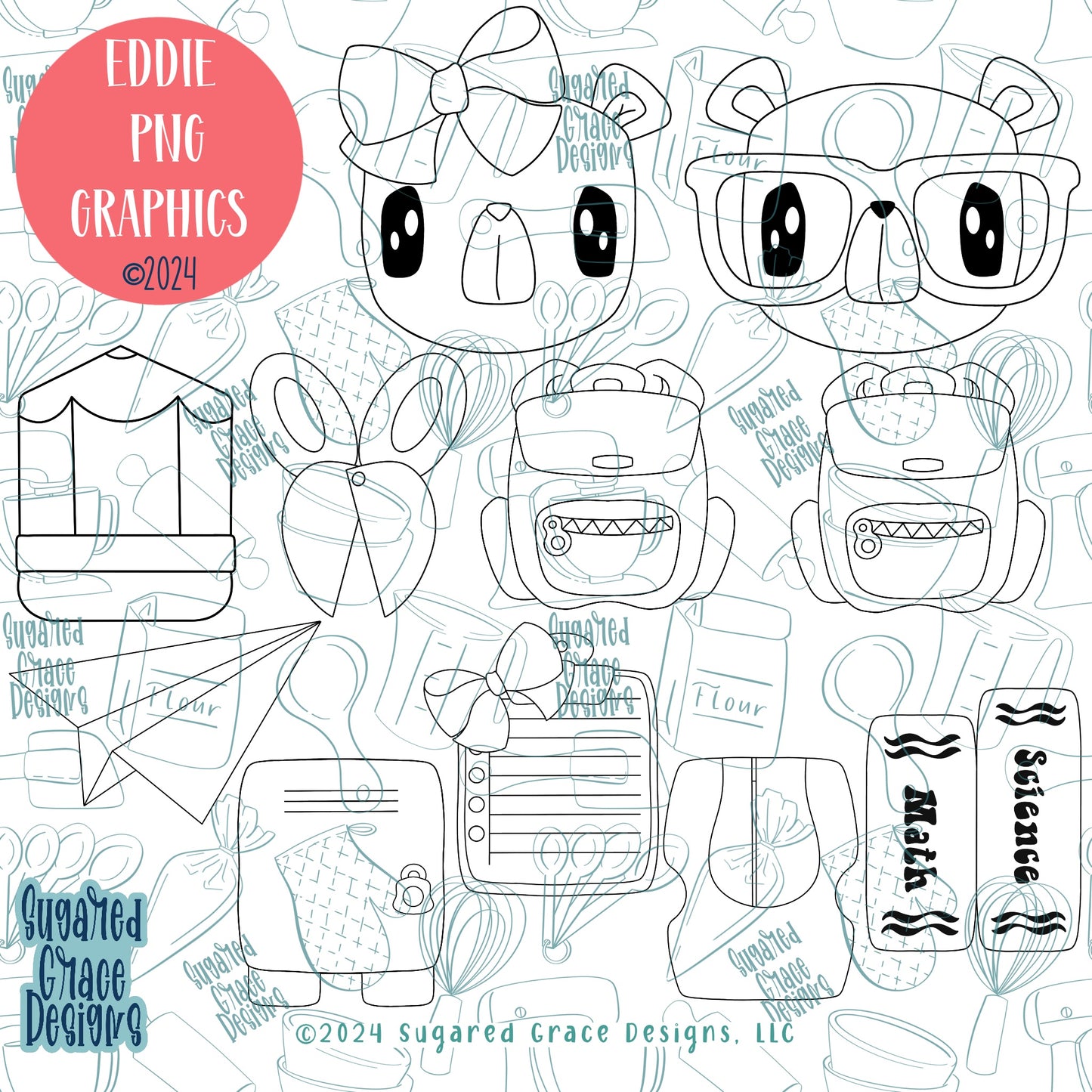 Hand Drawn Back To School PNG Image Set for Edible Ink Printers Including Eddie and line art for High Quality PYO Cookie Kits