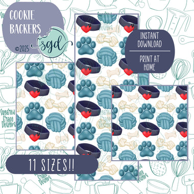 Blue Dog Pattern Cookie Backers in PDF file format with 11 sizes to choose from - Hand Drawn packaging for bags and boxes