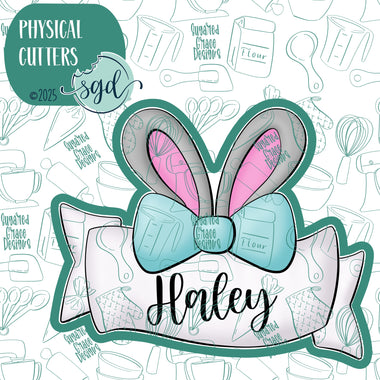 Bunny Ear Banner Name Plaque Cookie Cutter with PNG Images to Match - Hand Drawn Graphics for Edible Ink Printers