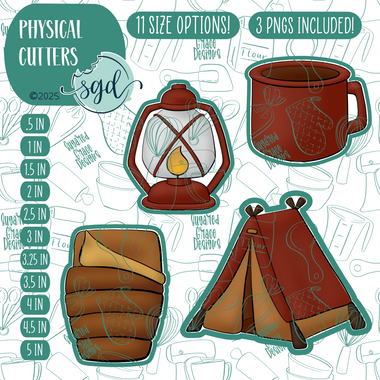 Camping Cookie Cutter Set of 4 with PNG Images to Match - Hand Drawn Graphics for Edible Ink Printers