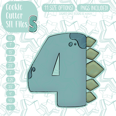 Dinosaur Themed Number 4 Cookie Cutter STL File with PNG Images to Match - For 3D Printing and Edible Ink Printers