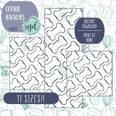 Black & White Dog Bone Pattern Cookie Backers in PDF file format with 11 sizes to choose from - Hand Drawn packaging for bags and boxes