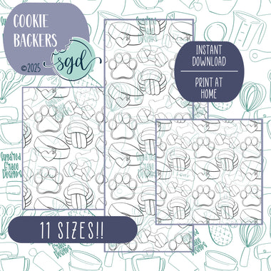 Black & White Dog Pattern Cookie Backers in PDF file format with 11 sizes to choose from - Hand Drawn packaging for bags and boxes