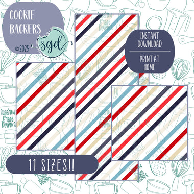 Patriotic Striped Cookie Backers in PDF file format with 11 sizes to choose from - Hand Drawn packaging for bags and boxes