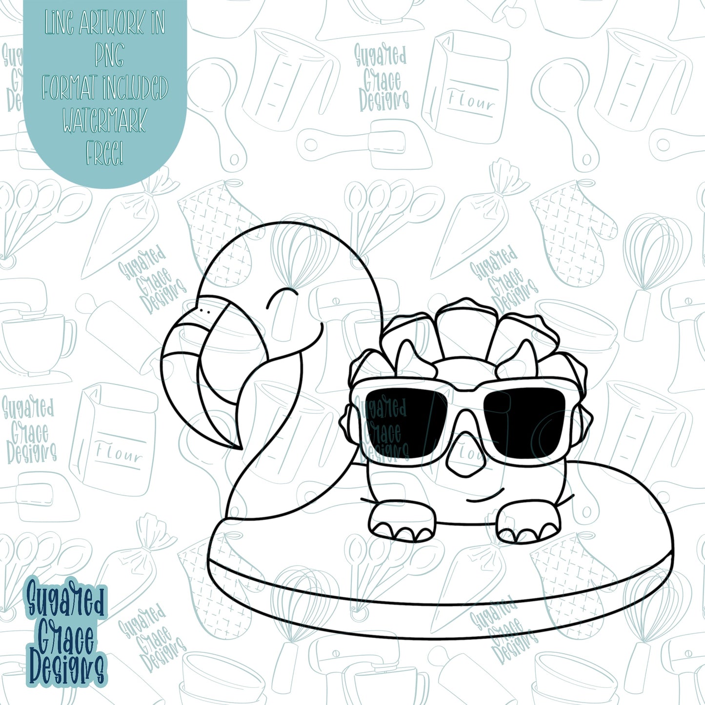 Pool Party Dinosaur on Flamingo Floaty Cookie Cutter STL Files for 3D Printing with Matching Printable PNG Images for Edible Ink Printers Including Eddie