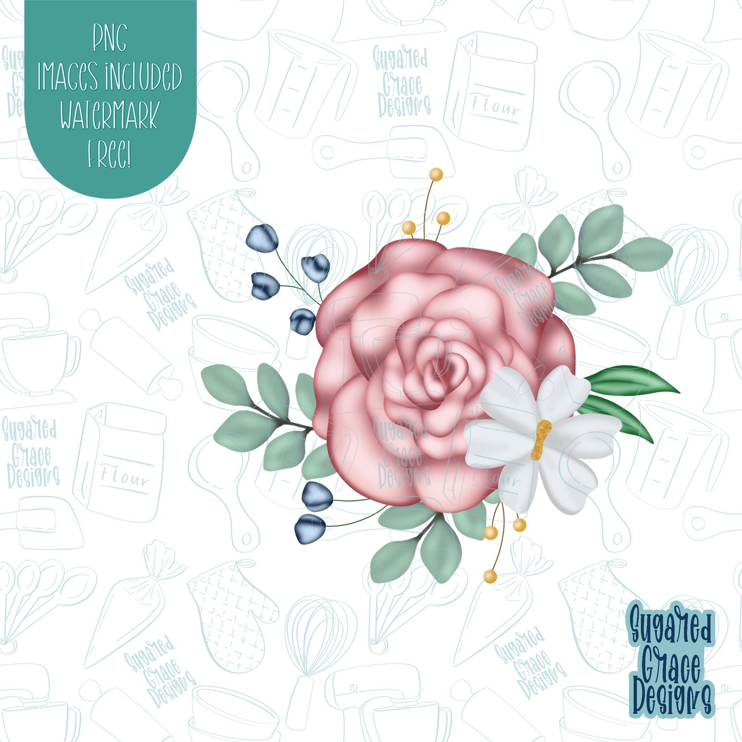 Floral arrangement cookie cutter with png images for edible printers including eddie