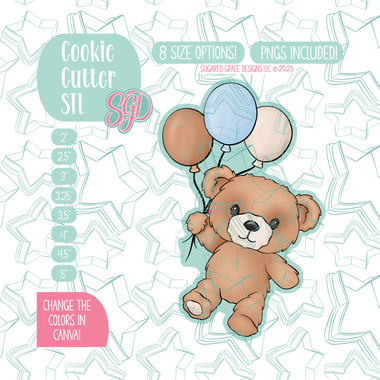 Fuzzy Teddy Bear with Balloons Cookie Cutter STL File with PNG Images to Match - For 3D Printing and Edible Ink Printers
