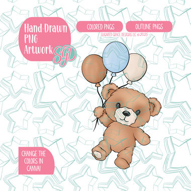 Fuzzy Teddy Bear with Balloon PNG Image Set for Edible Ink Printers - Hand Drawn Editable Graphics