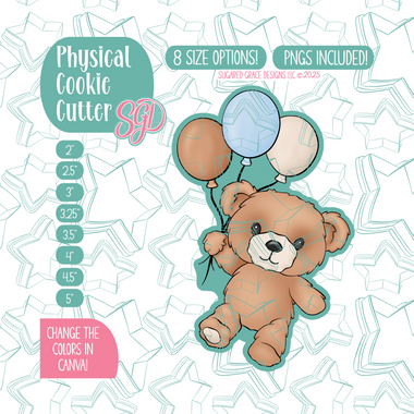 Fuzzy Teddy Bear with Balloons Cookie Cutter Plaque with PNG Images to Match - Hand Drawn Graphics for Edible Ink Printers