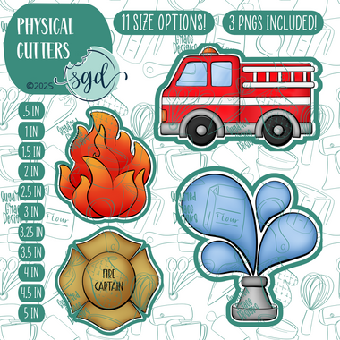 Fire Rescue Cookie Cutter Set of 4 with PNG Images to Match - Hand Drawn Graphics for Edible Ink Printers