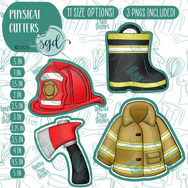 Fireman Cookie Cutter Set of 4 with PNG Images to Match - Hand Drawn Graphics for Edible Ink Printers