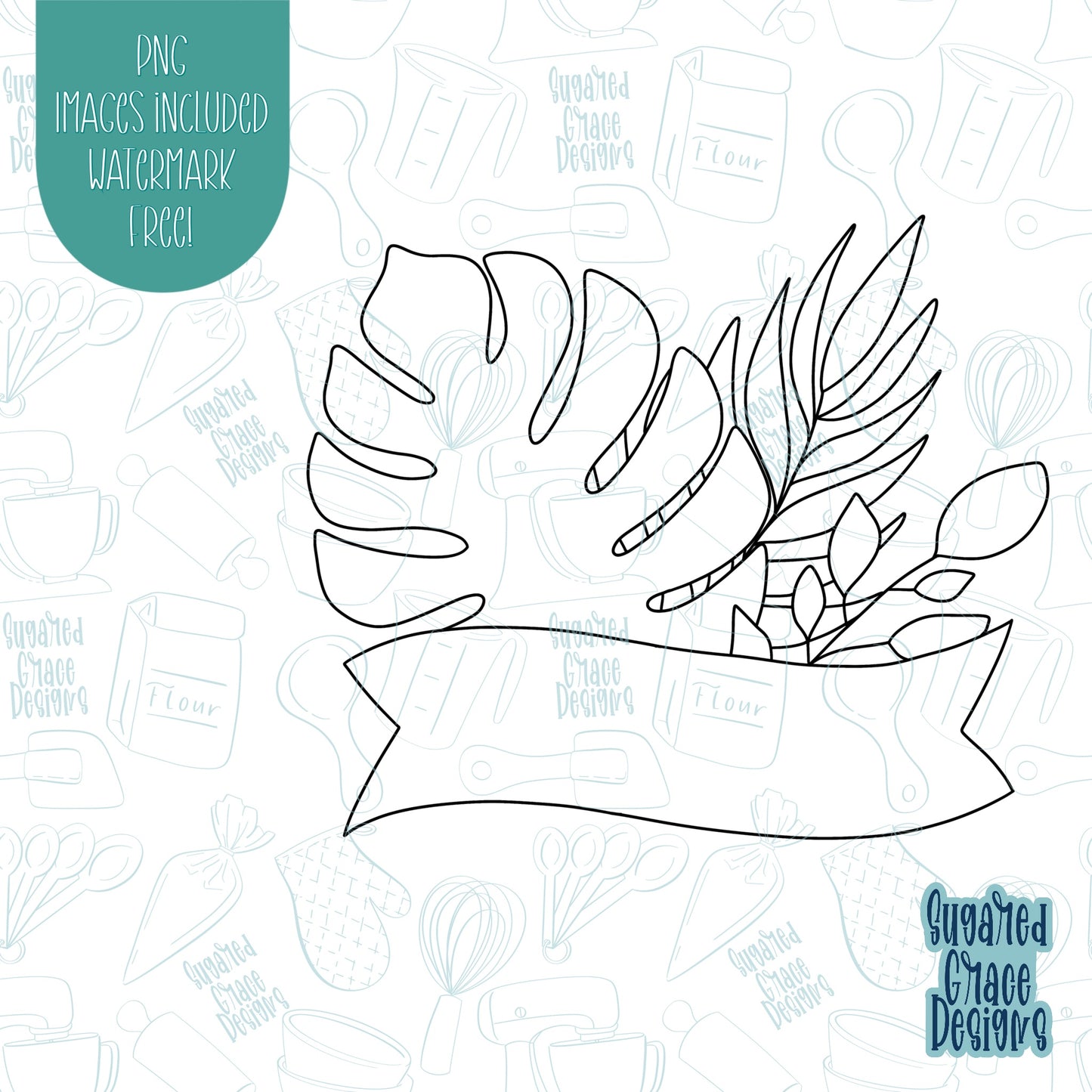 Monstera Leaf Greenery Banner Cookie Cutter with matching PNG Images for Edible Ink Printers Including Eddie