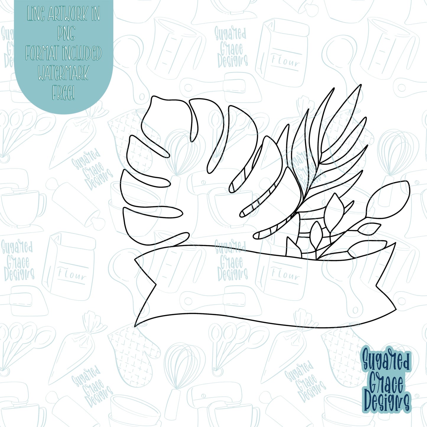 Monstera Leaf Greenery Banner Cookie Cutter STL File for 3D Printing with Matching Printable PNG Images