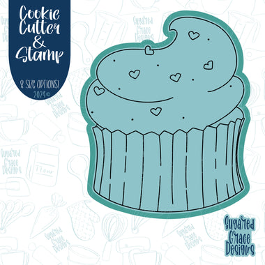 Valentines Day Cupcake Cookie Cutter with Matching Stamp for Fondant Decorating