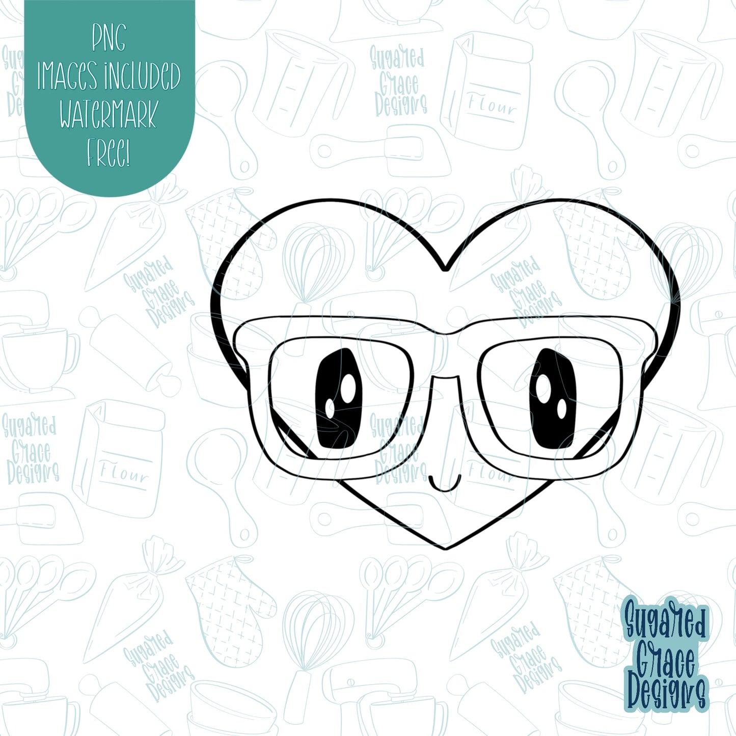 Cute Nerdy Heart With Glasses Cookie Cutter with Matching PNG Images for Edible Ink Printers Including Eddie
