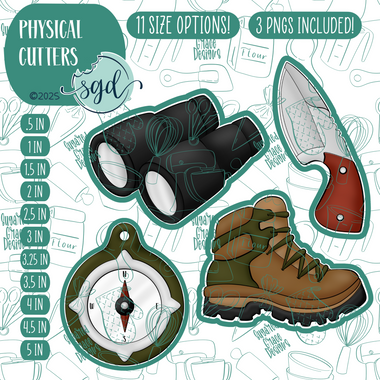 Hiking Cookie Cutter Set of 4 with PNG Images to Match - Hand Drawn Graphics for Edible Ink Printers