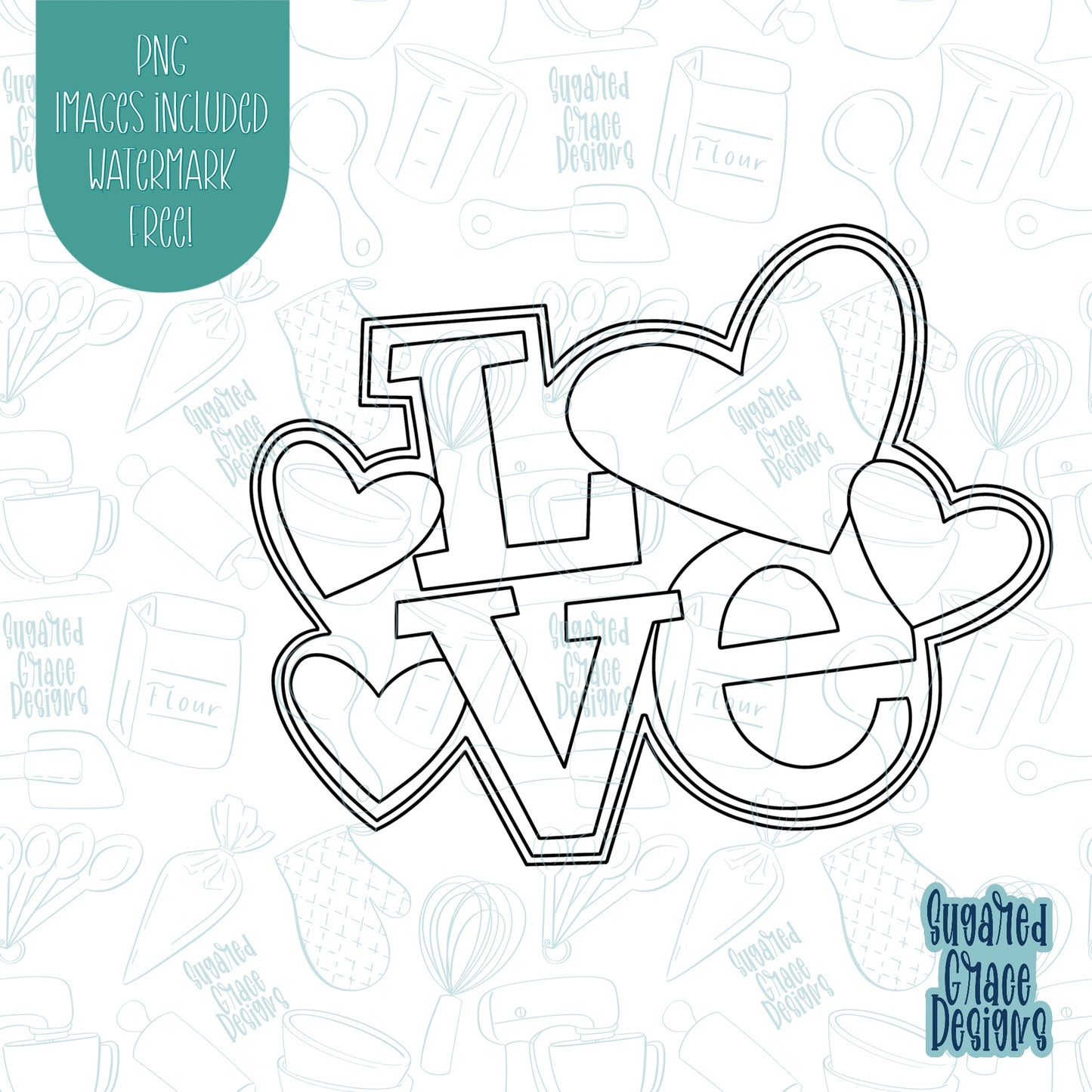 Valentines Day Stacked Love Letters Word Plaque Cookie Cutter with Matching PNG Images for Edible Ink Printers Including Eddie