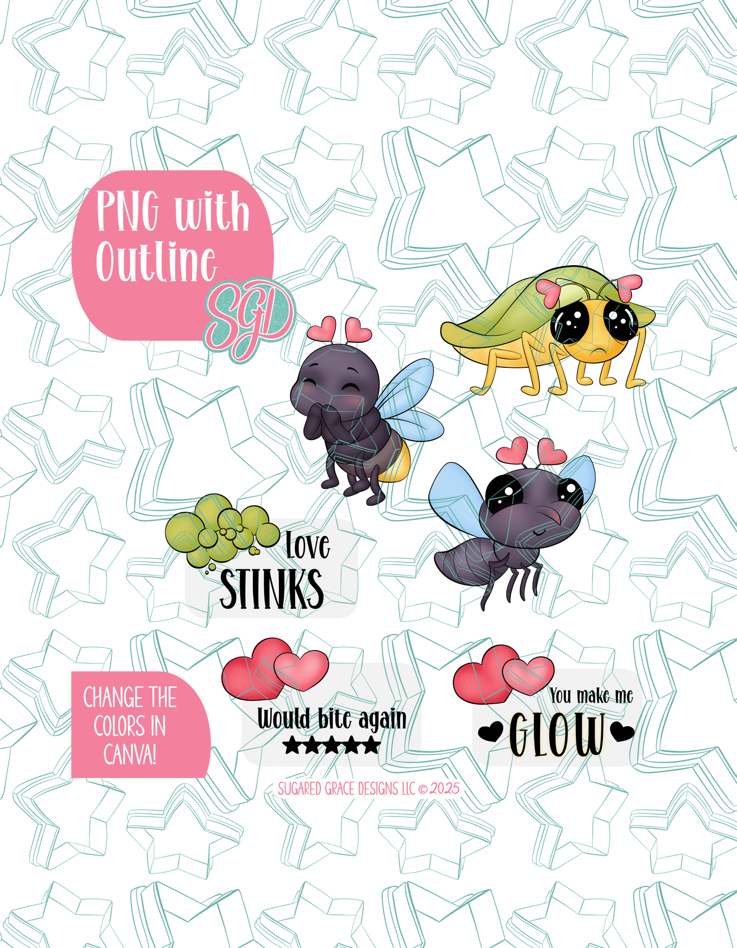 Love Bug Set of 6 Designs for Edible Ink Printers - Hand Drawn Editable Graphics (Digital Download)
