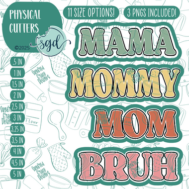 Mom to Bruh Cookie Cutter Set of 4 with PNG Images to Match - Hand Drawn Graphics for Edible Ink Printers