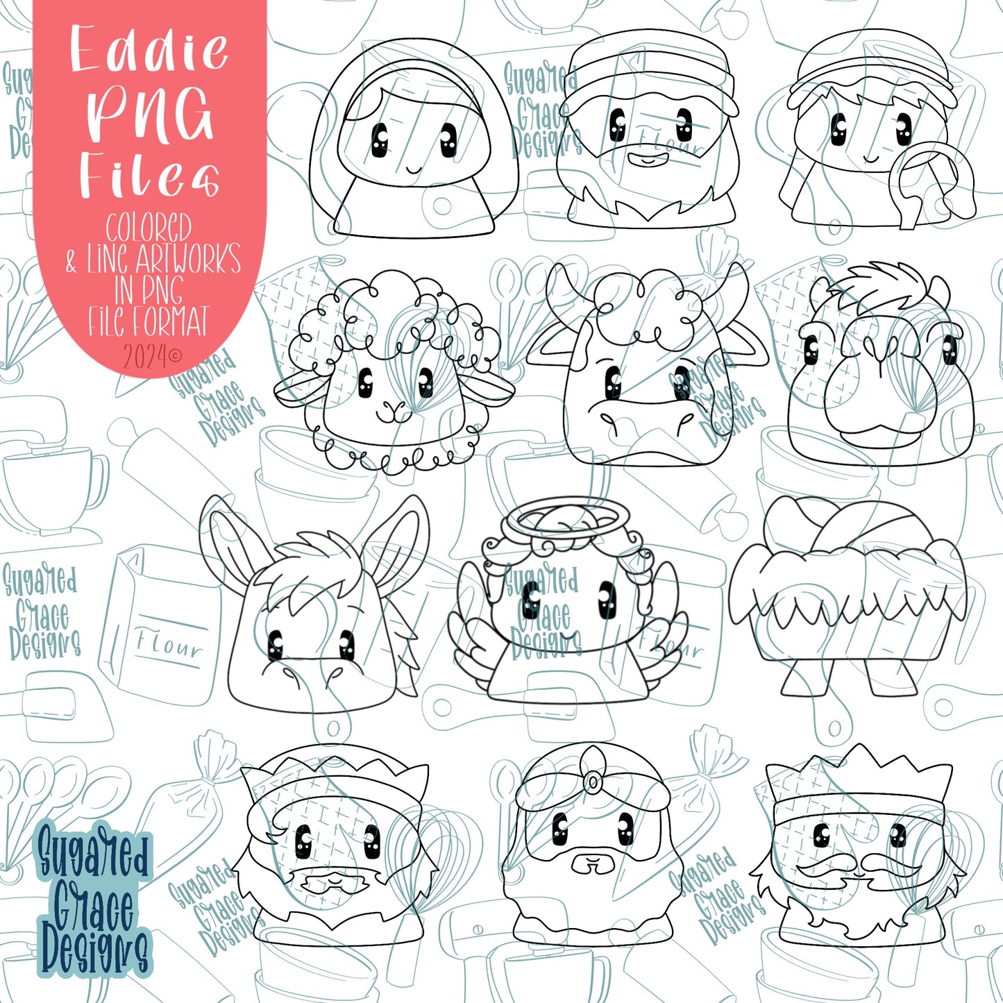 Hand Drawn Christmas Nativity PNG Image Set for Edible Ink Printers Including Eddie and line art for High Quality PYO Cookie Kits