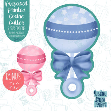 Baby rattle cookie cutter with matching png images for edible printers like Eddie