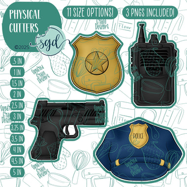 Police Cookie Cutter Set of 4 with PNG Images to Match - Hand Drawn Graphics for Edible Ink Printers
