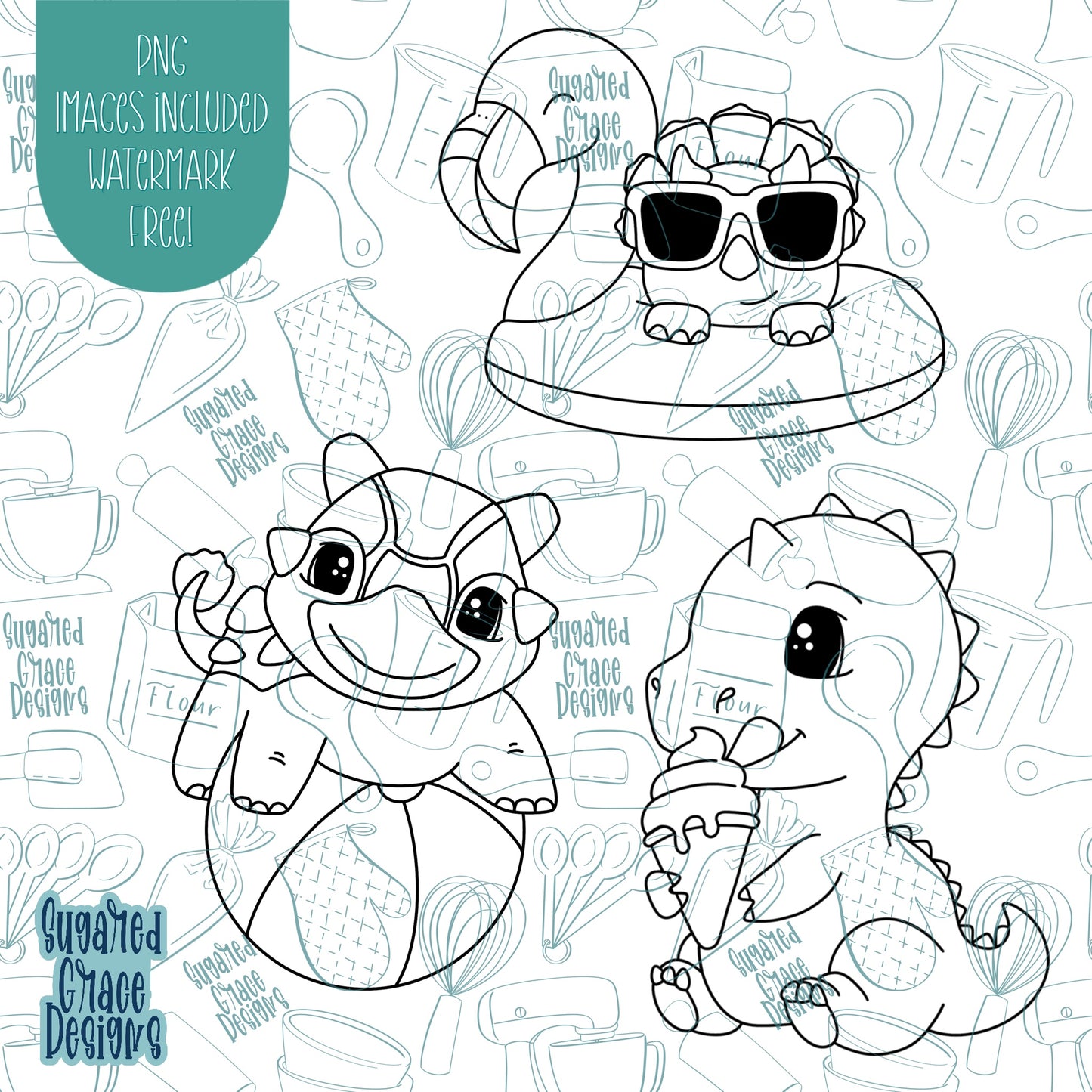 Pool Party Dinosaur Cookie Cutter Set with Matching Printable PNG Images for Edible Ink Printers Including Eddie