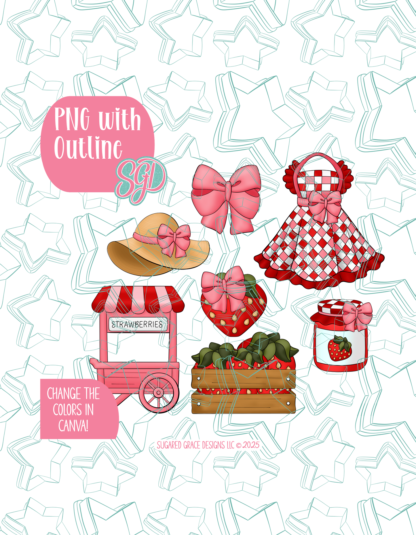Strawberry Market Set of 6 Designs for Edible Ink Printers - Hand Drawn Editable Graphics (Digital Download)