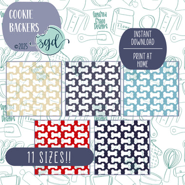 Dog Bones with Colored Background Cookie Backers in PDF file format with 11 sizes to choose from - Hand Drawn packaging for bags and boxes