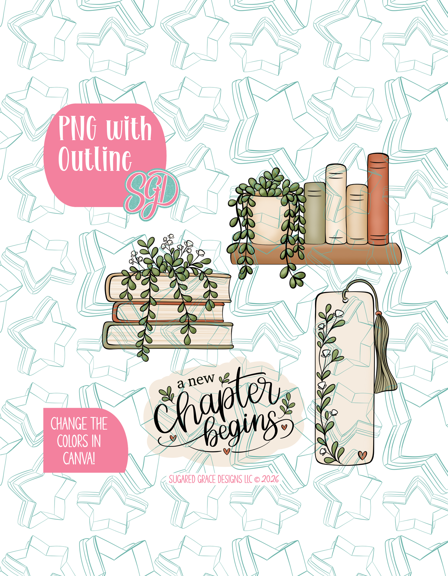 A New Chapter Begins Set of 4 PNG Designs for Edible Ink Printers - Hand Drawn Editable Graphics (Digital Download)