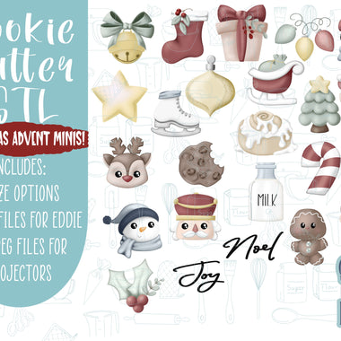Christmas advent set of 24 Cookie cutter STL file for 3D printing with png printable instant download for EDDIE edible ink printer, mini stl
