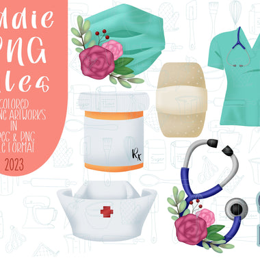 Nurse appreciation png graphic bundle set for Eddie edible printer, floral stethoscope, doctor scrubs and cap, Pill bottle royal icing image