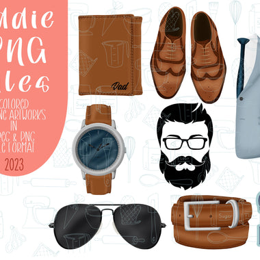 Masculine Father’s Day png graphic bundle set for Eddie edible printer, groomsman royal icing image, wedding attire, groom, brown leather