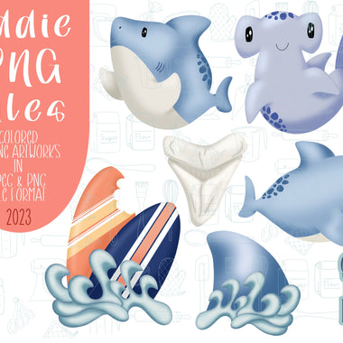 Shark week png graphic bundle set for Eddie edible printer, hammerhead shark royal icing image, ocean beach birthday party, surf boards