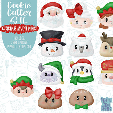 Christmas advent set of 12 Cookie cutter STL file for 3D printing with png printable instant download for EDDIE edible ink printer, mini stl