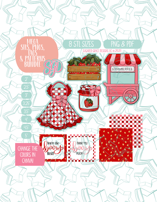 01/26 Monthly Batch - featuring 4 Cookie Cutter STL designs, 2 Cookie Tags, & 2 Printable Patterns - Strawberry Market