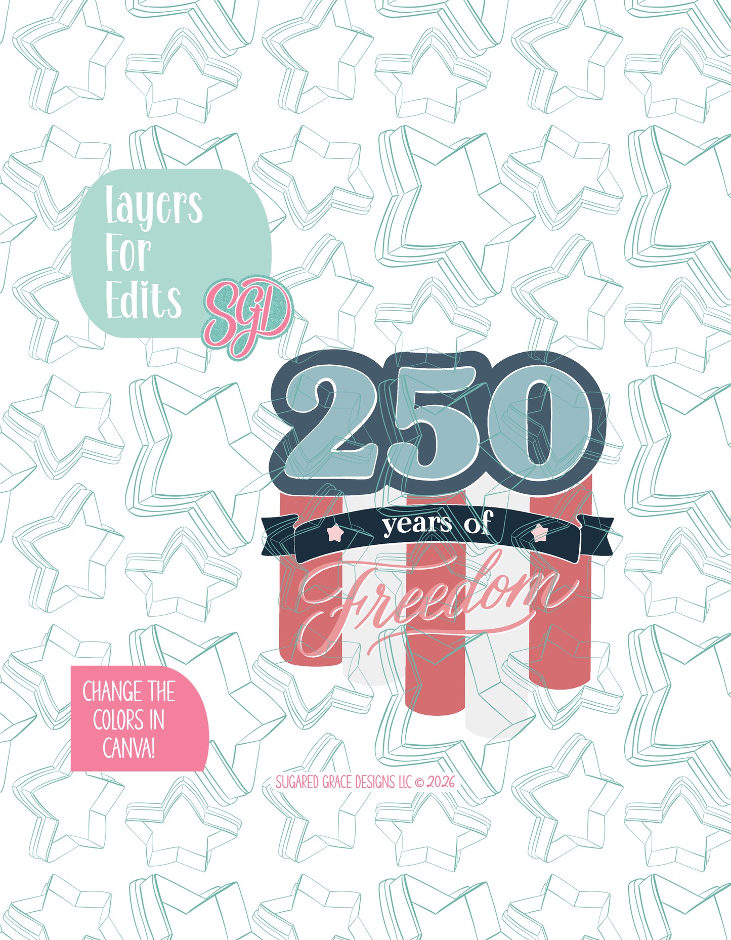 Colored layer breakdown of the 250th Banner showing each section in a different color, with every color representing a separate editable layer in Canva. Displayed on a background watermarked with Sugared Grace Designs’ teal star pattern