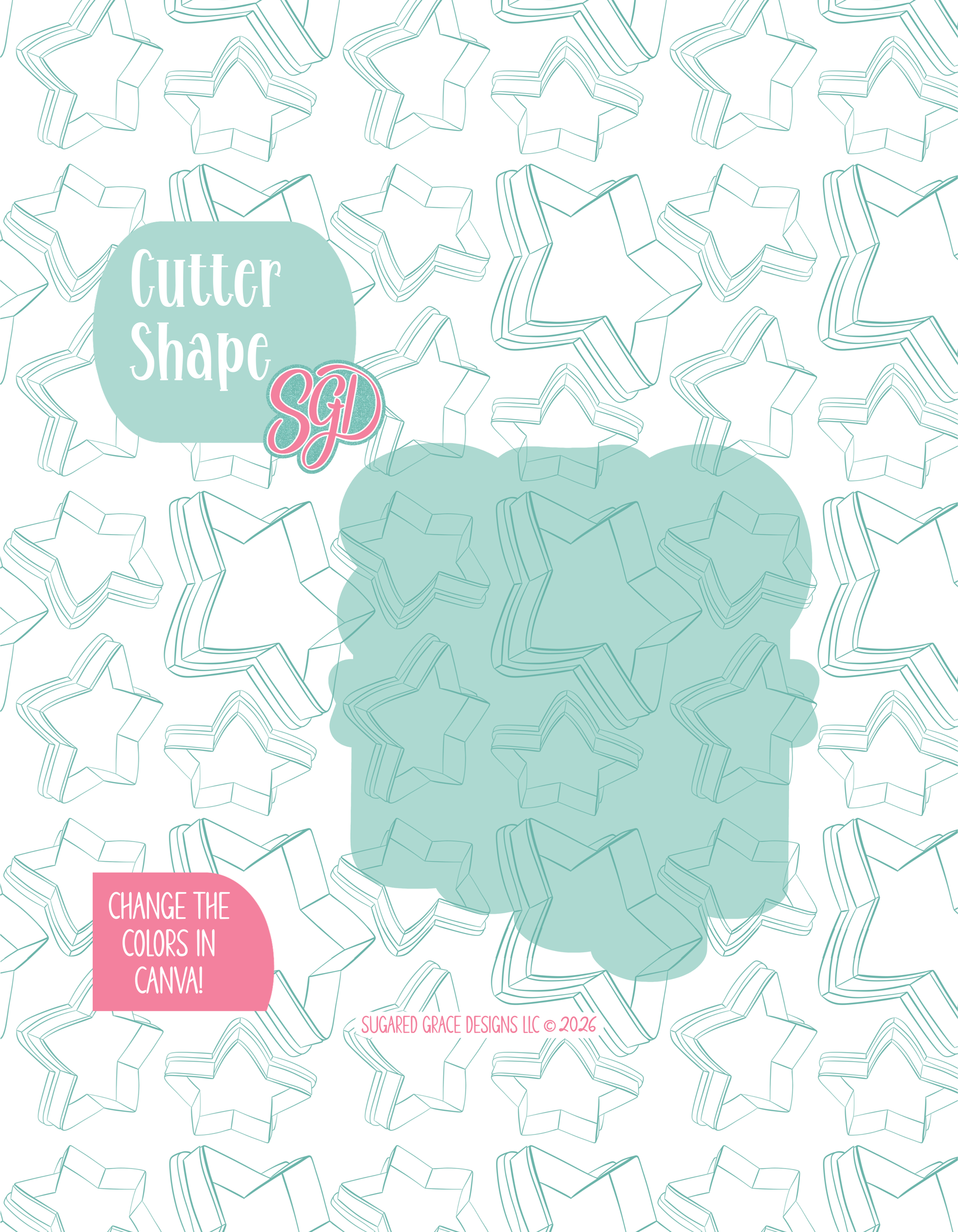 Solid teal silhouette showing the exact outer shape of the 250th Banner cookie cutter, displayed on a background watermarked with Sugared Grace Design’s teal star pattern