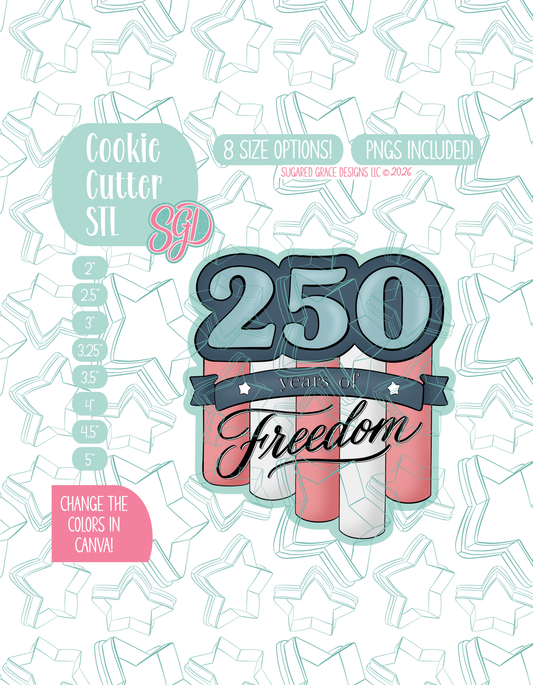Illustrated USA’s 250th anniversary Banner, displayed on a background watermarked with a teal star pattern representing Sugared Grace Design’s brand. Text explains that the listing includes a 250th Banner STL cookie cutter in multiple sizes plus editable PNG files.
