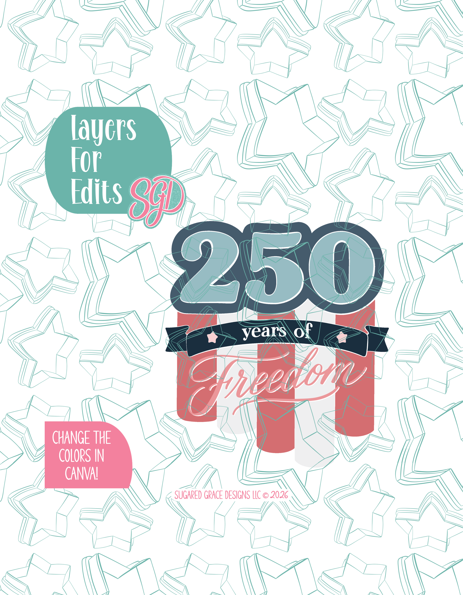 Colored layer breakdown of the 250th Banner showing each section in a different color, with every color representing a separate editable layer in Canva. Displayed on a background watermarked with Sugared Grace Designs’ teal star pattern