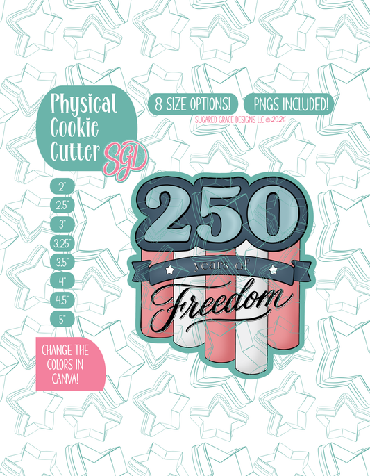 Illustrated USA’s 250th anniversary Banner, displayed on a background watermarked with a teal star pattern representing Sugared Grace Design’s brand. Text explains that the listing includes a 250th Banner cookie cutter in multiple sizes plus editable PNG files.