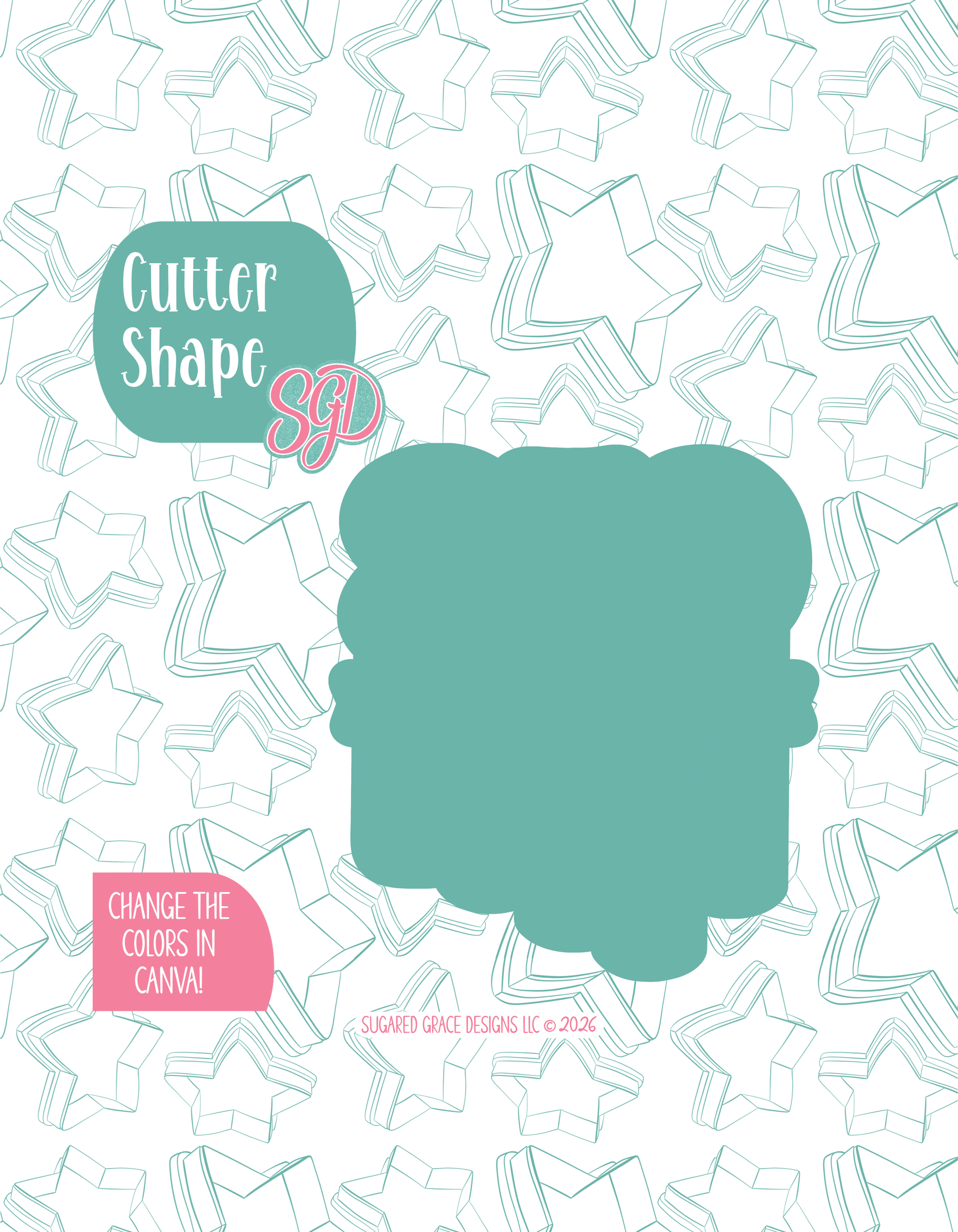 Solid teal silhouette showing the exact outer shape of the 250th Banner cookie cutter, displayed on a background watermarked with Sugared Grace Design’s teal star pattern