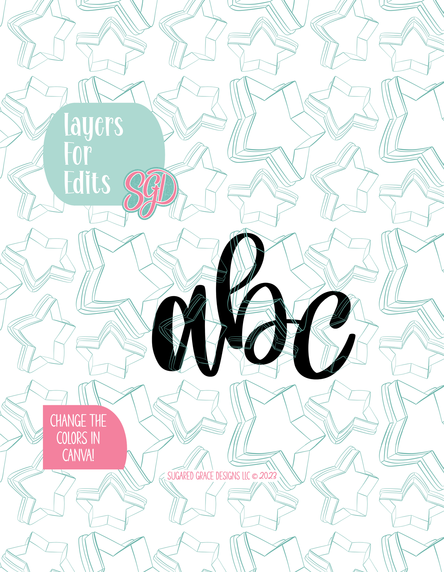 Colored layer breakdown of the plaque showing each section in a different color, with every color representing a separate editable layer in Canva. Displayed on a background watermarked with Sugared Grace Designs’ teal star pattern