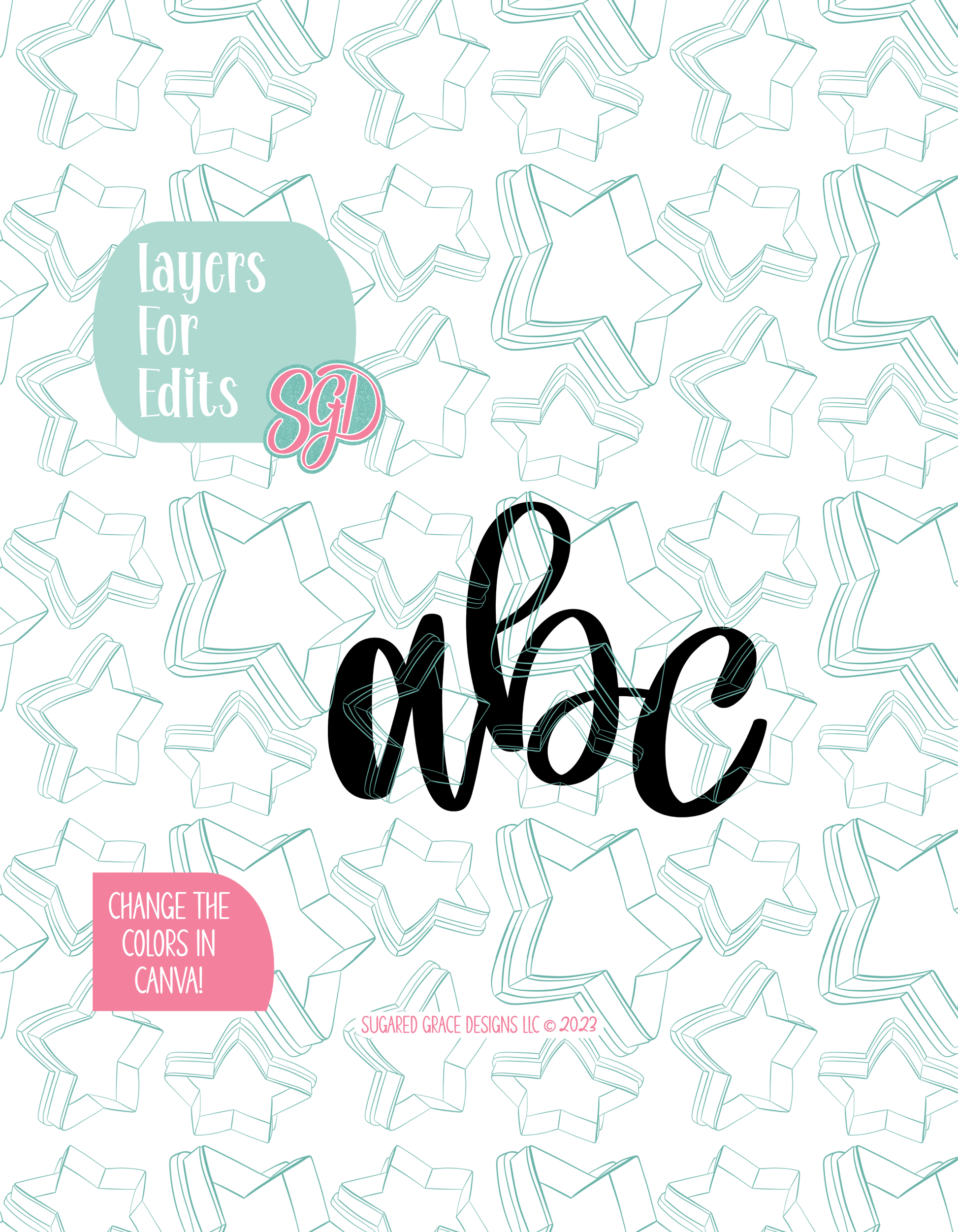 Colored layer breakdown of the plaque showing each section in a different color, with every color representing a separate editable layer in Canva. Displayed on a background watermarked with Sugared Grace Designs’ teal star pattern
