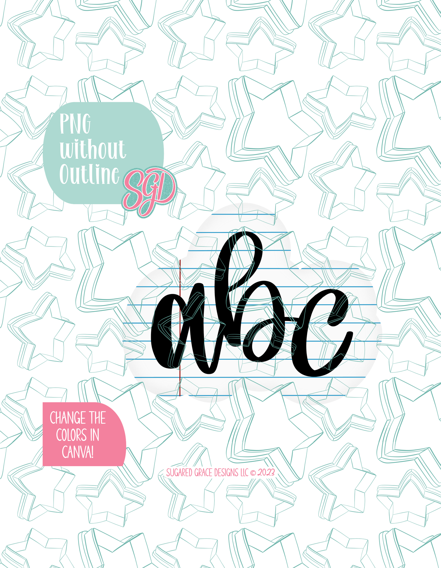 Full color version of the illustrated ABC plaque shown without black outlines on a background watermarked with Sugared Grace Designs’ tag star pattern