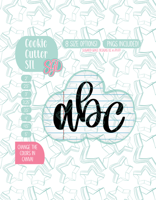 Illustrated ABC plaque, displayed on a background watermarked with a teal star pattern representing Sugared Grace Design’s brand. Text explains that the listing includes a Plaque STL cookie cutter in multiple sizes plus editable PNG files.