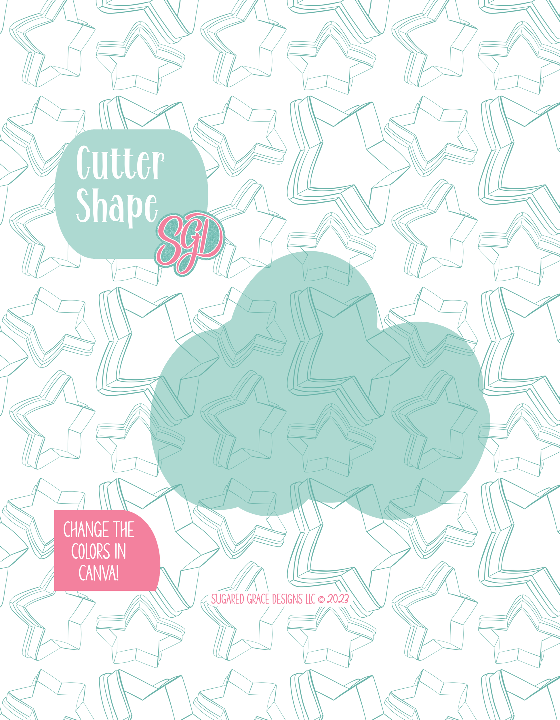 Solid teal silhouette showing the exact outer shape of the ABC plaque cookie cutter, displayed on a background watermarked with Sugared Grace Design’s teal star pattern