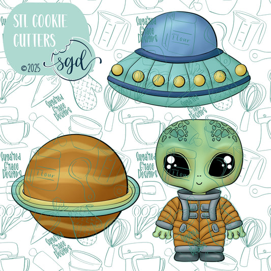 Alien Cookie Cutter STL File Set of 3 with PNG Images to Match - For 3D Printing and Edible Ink Printers - Alien, UFO, Saturn