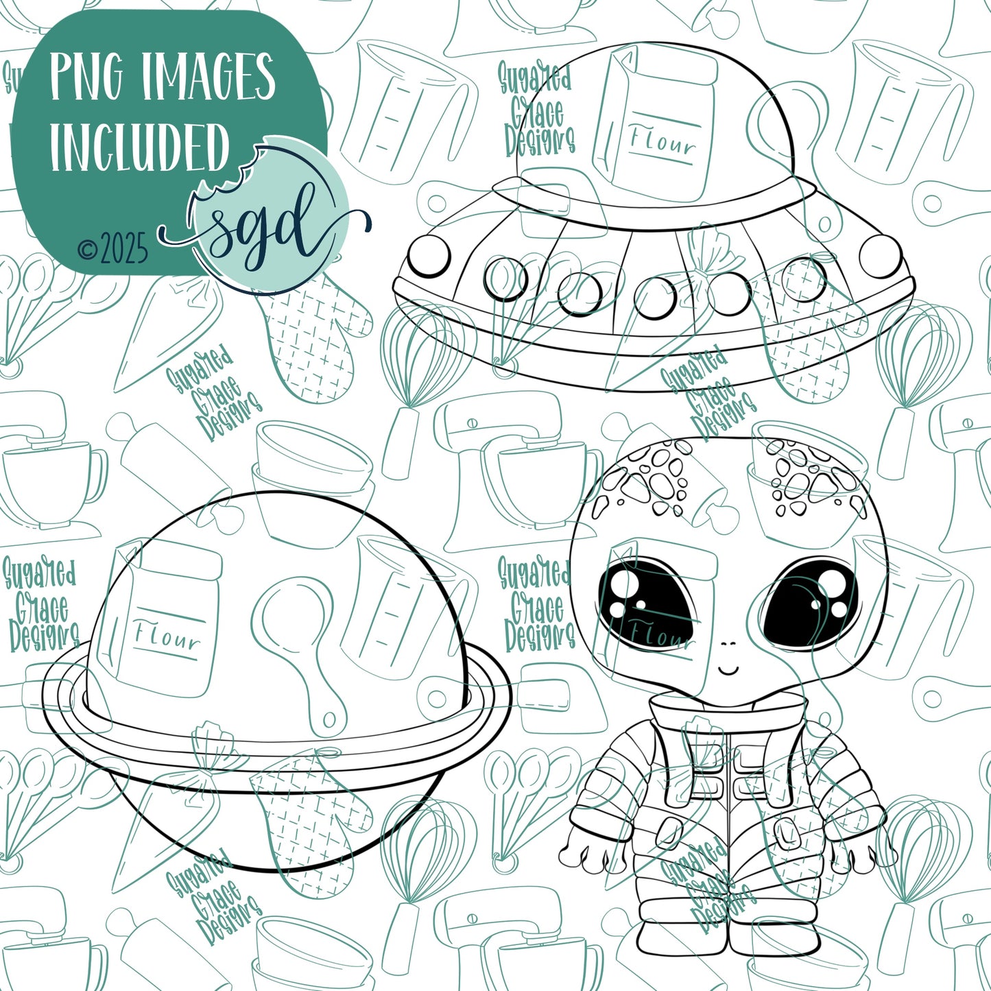 Extraterrestrial Alien Cookie Cutter Set of 3 with PNG Images to Match - Hand Drawn Graphics for Edible Ink Printers